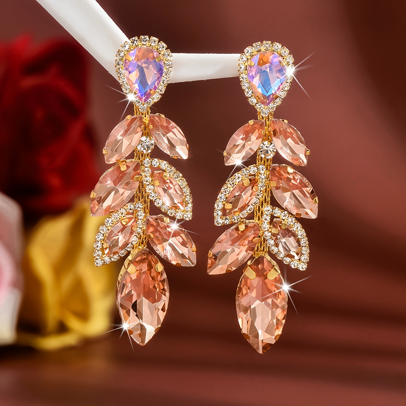 Gorgeous Leaf Drop Earrings with Shiny Marquise Rhinestones